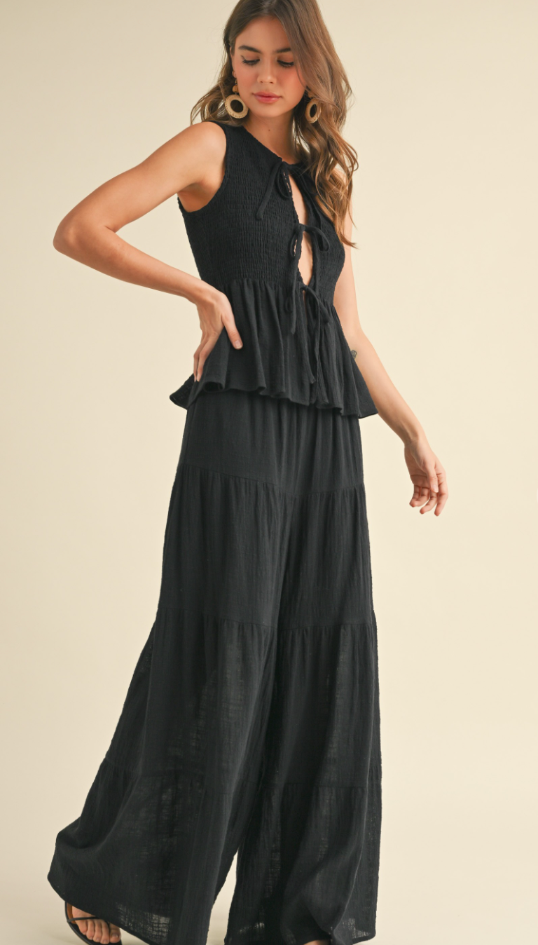 Black Gauze Top & Flare Pants Set of 2