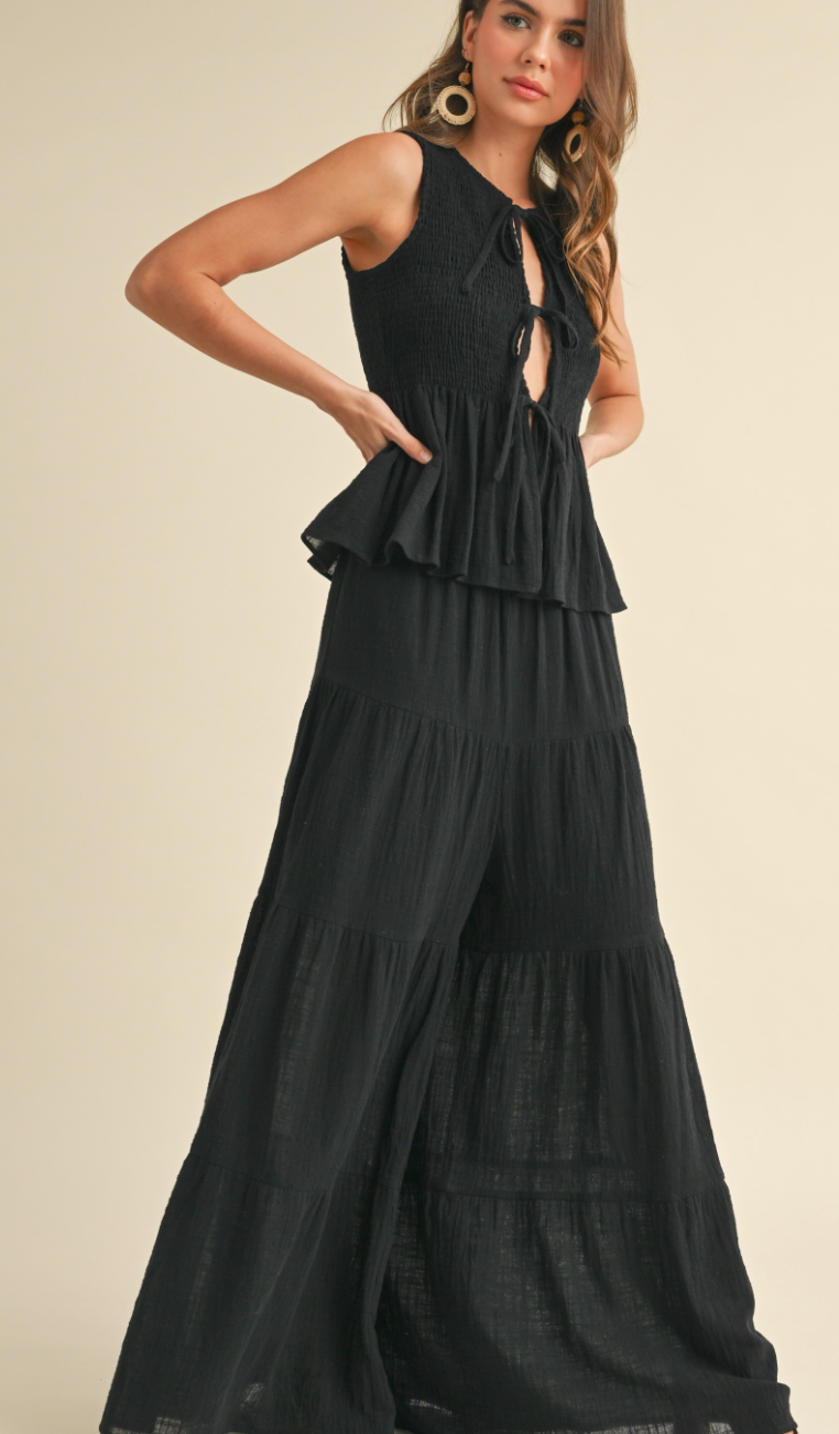 Black Gauze Top & Flare Pants Set of 2