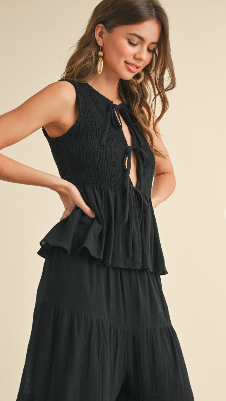 Black Gauze Top & Flare Pants Set of 2