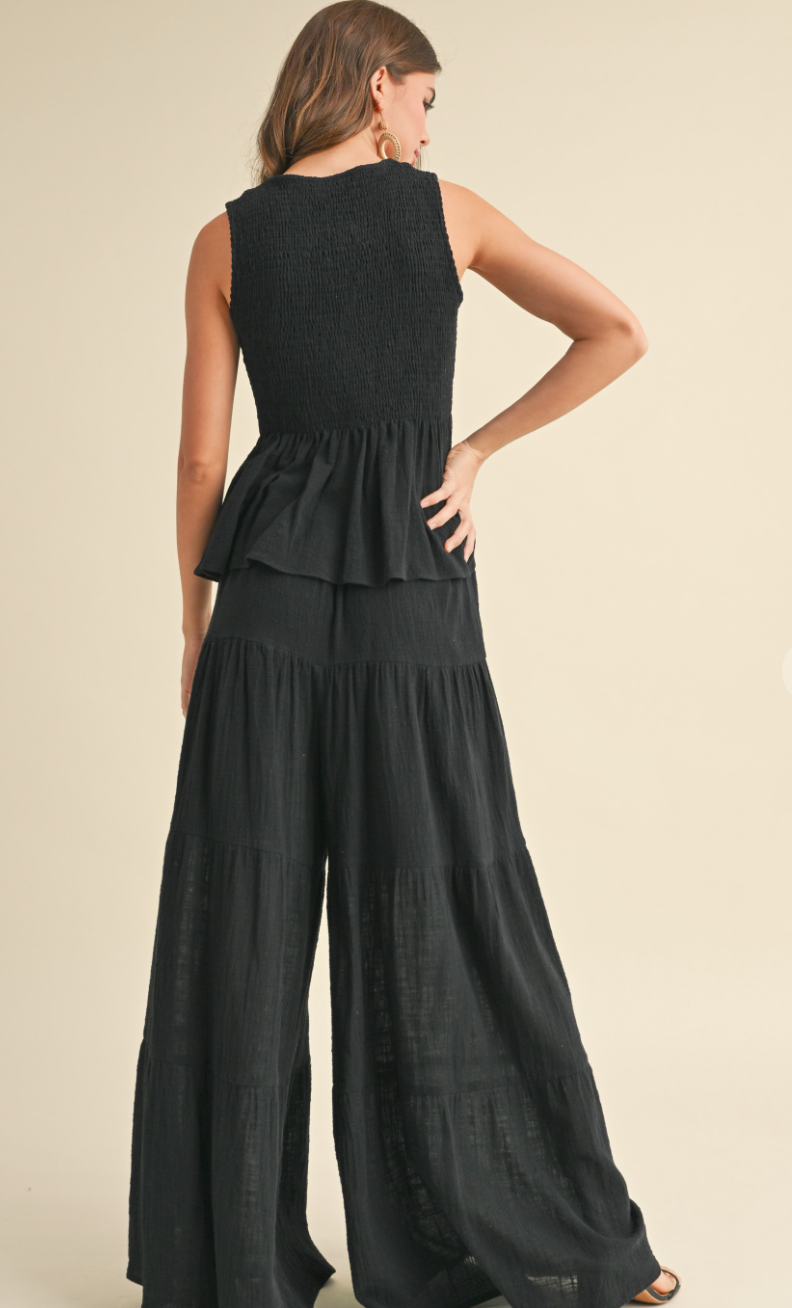 Black Gauze Top & Flare Pants Set of 2