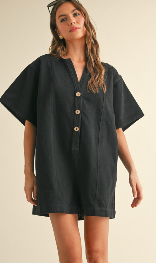 Dori Button Cotton Romper Black