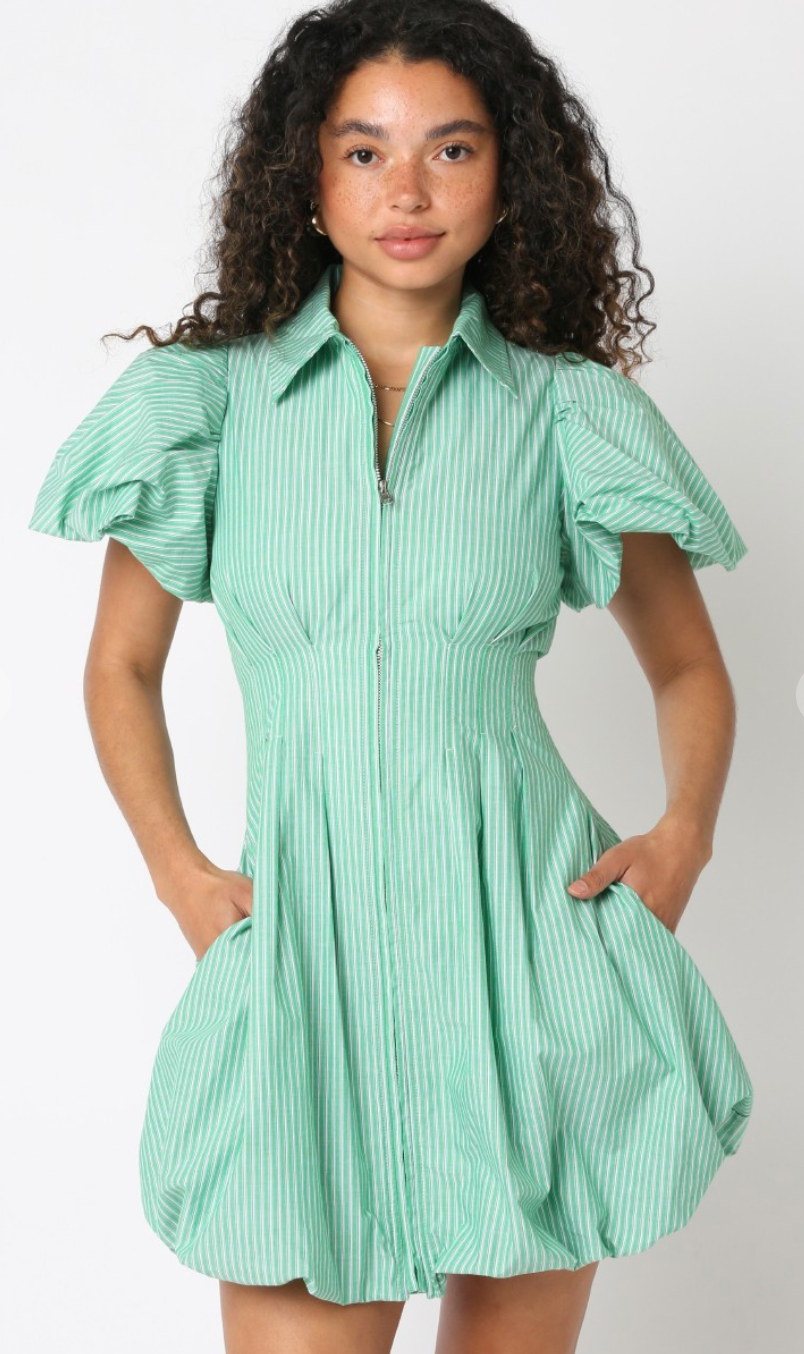 Stripe Bubble Hem Zipper Dress Green