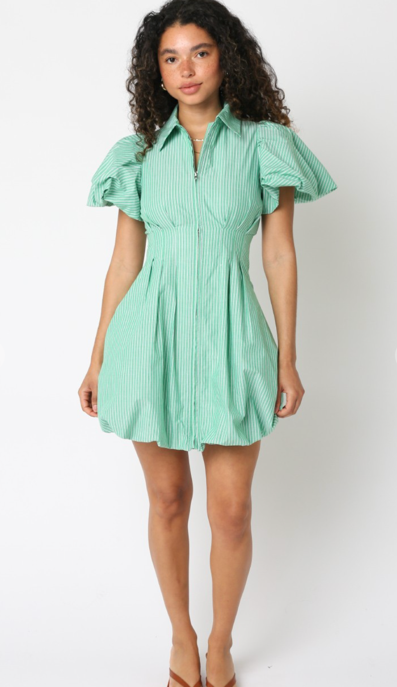 Stripe Bubble Hem Zipper Dress Green