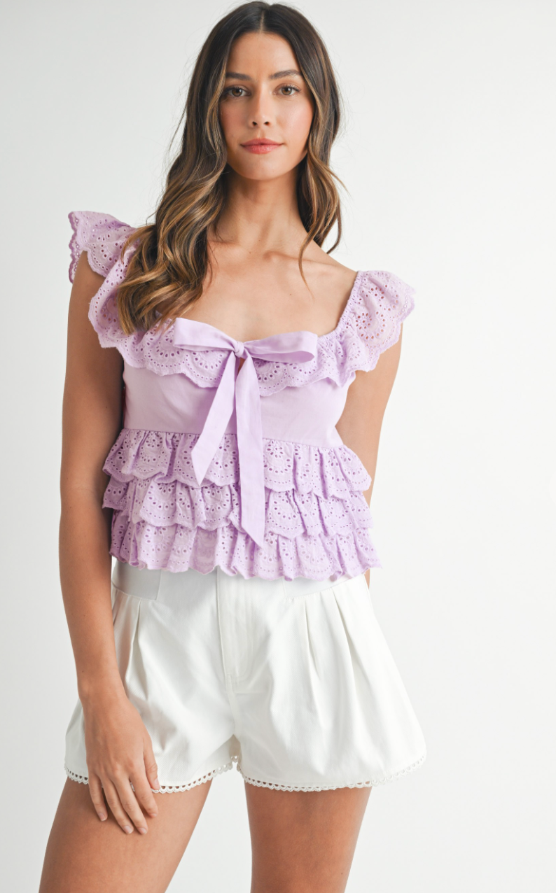Paige Eyelet Ruffle Top Lilac