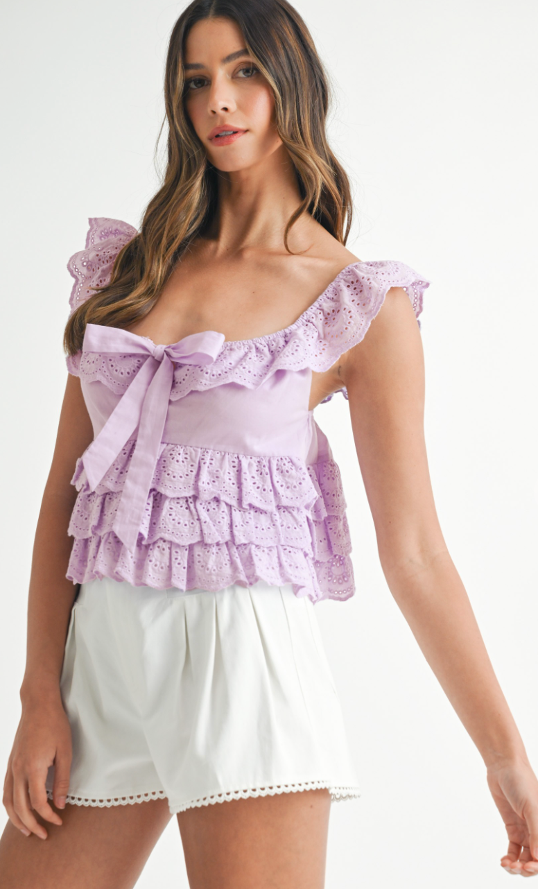 Paige Eyelet Ruffle Top Lilac