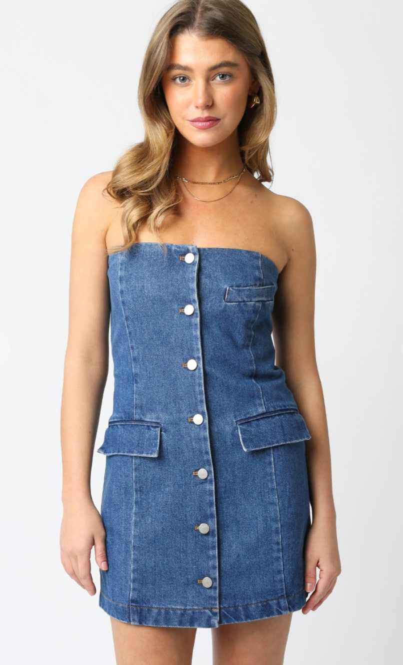 Strapless Denim Buttons Dress
