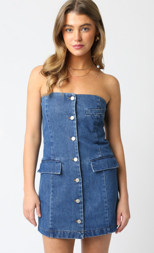 Strapless Denim Buttons Dress