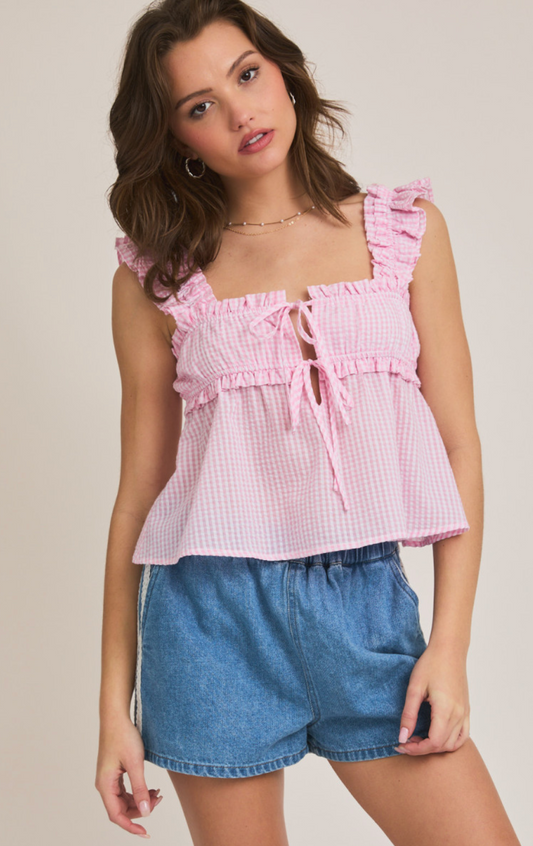 Pink Gingham Square Neck Top