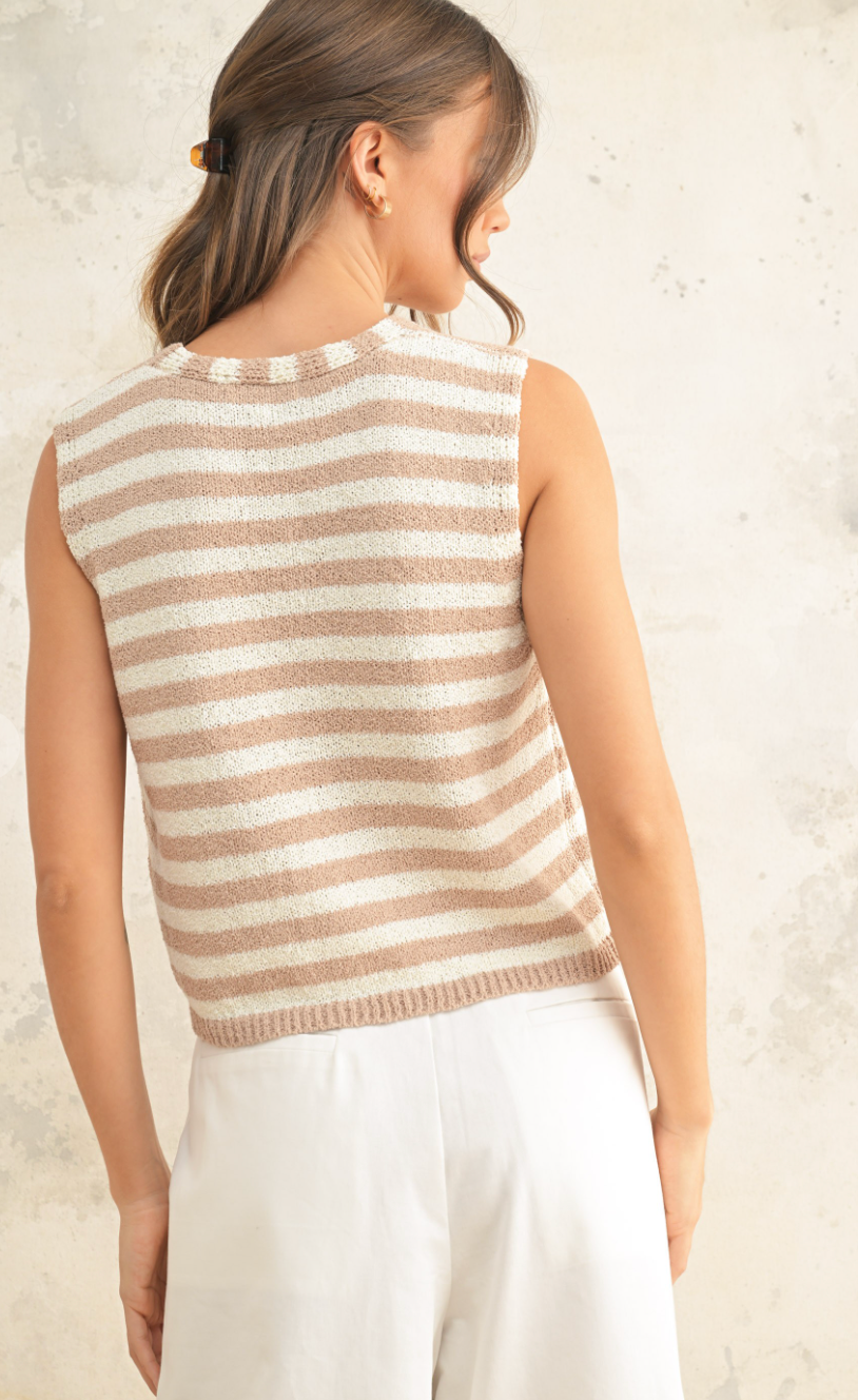 Stripe Hook & Eye Knit Top Tan