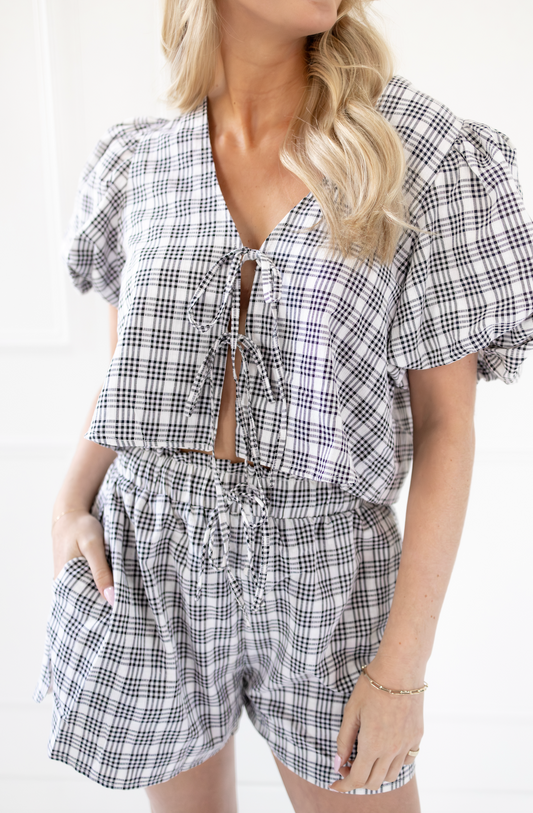 Black Plaid Blouse & Shorts Set of 2