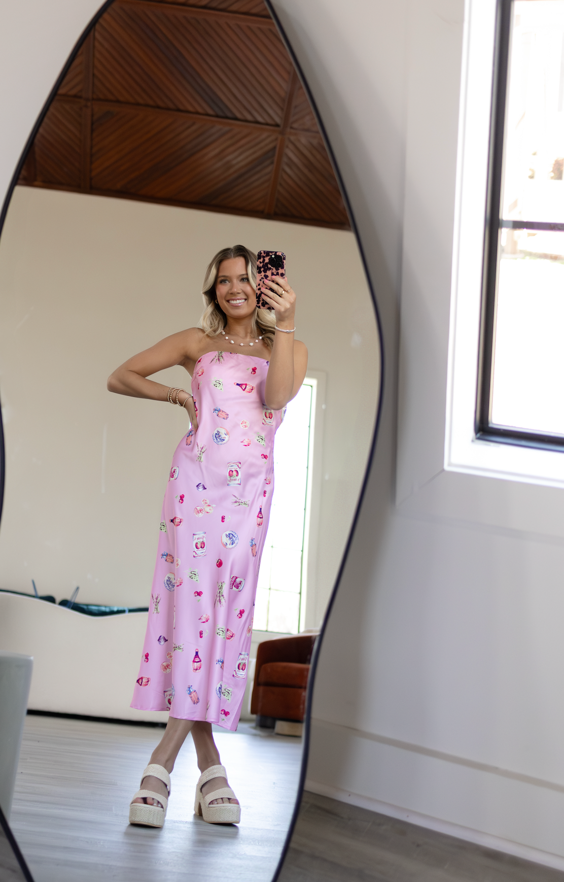Picnic Print Satin Strapless Dress