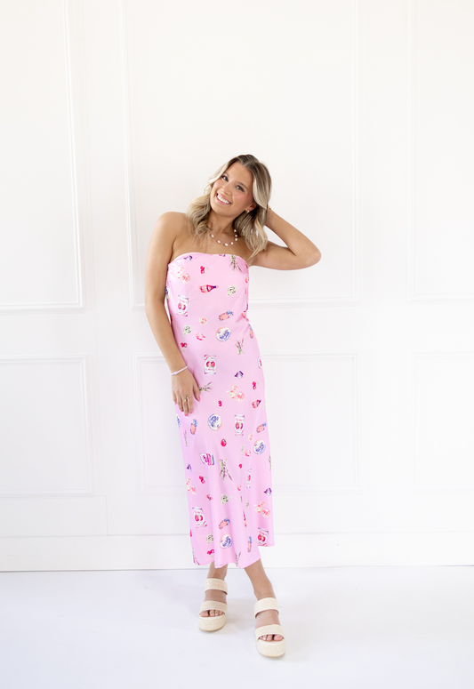 Picnic Print Satin Strapless Dress