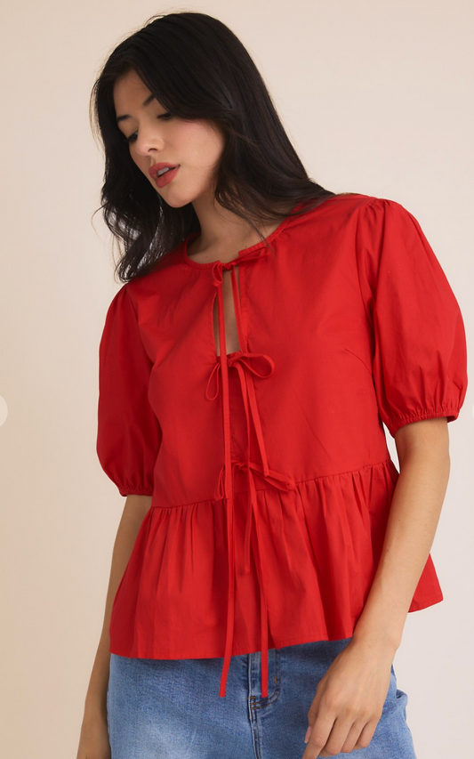 Red Front Ties Blouse