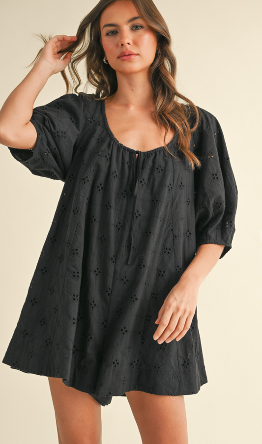 Eyelet Puff Sleeve Romper Black