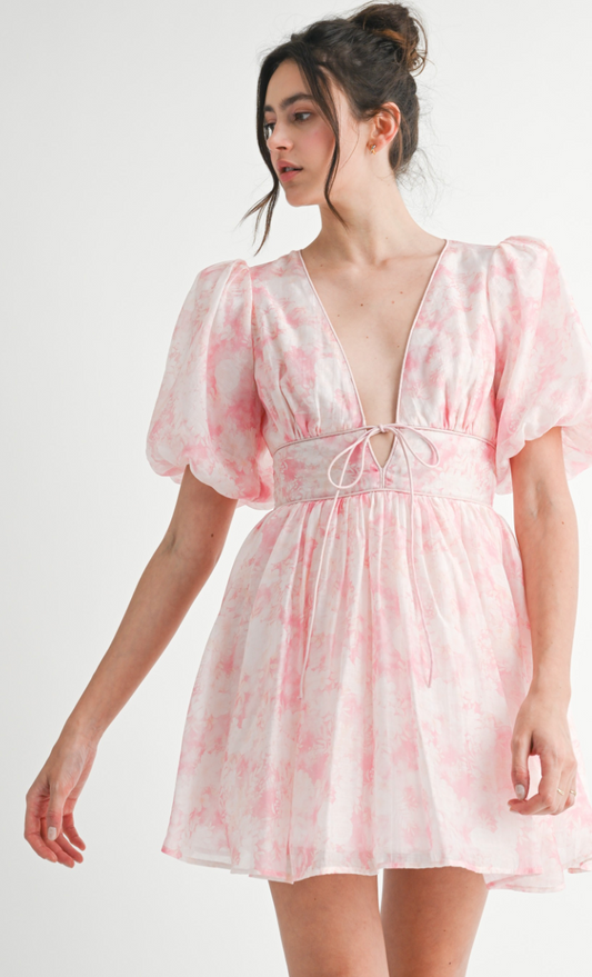 Pink Floral Puff Sleeve Dress