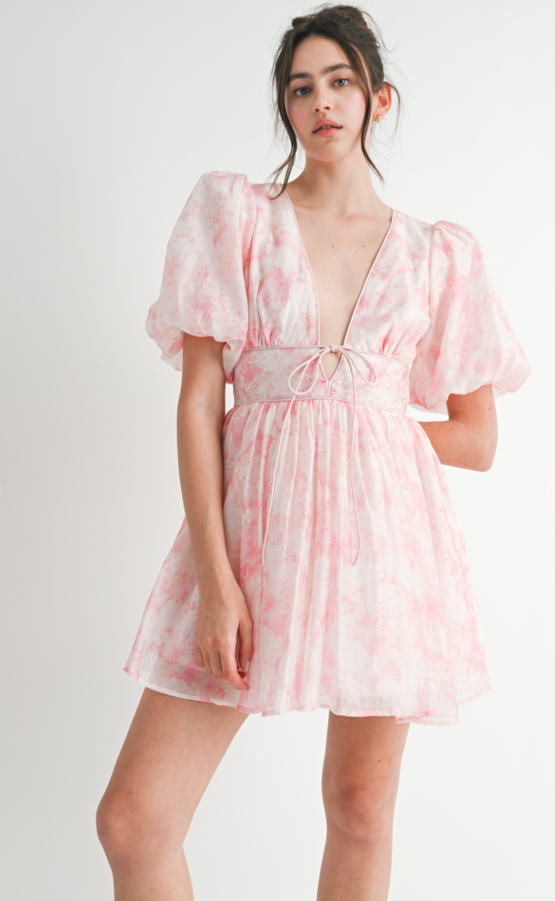 Pink Floral Puff Sleeve Dress