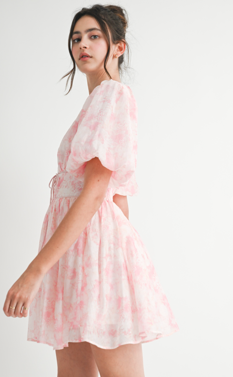 Pink Floral Puff Sleeve Dress