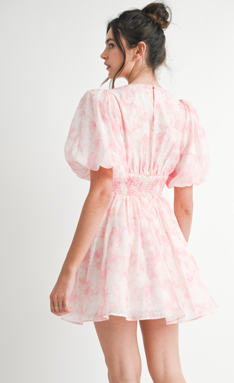 Pink Floral Puff Sleeve Dress