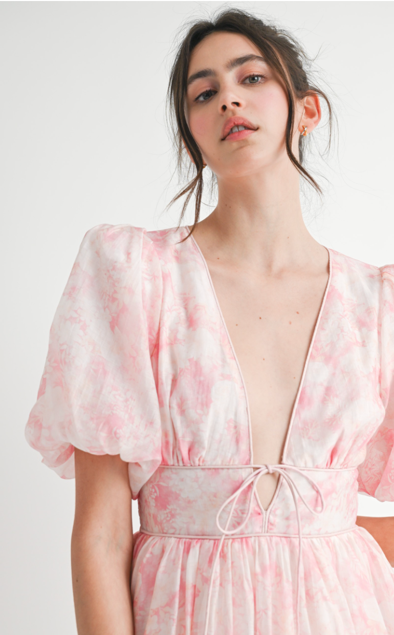 Pink Floral Puff Sleeve Dress