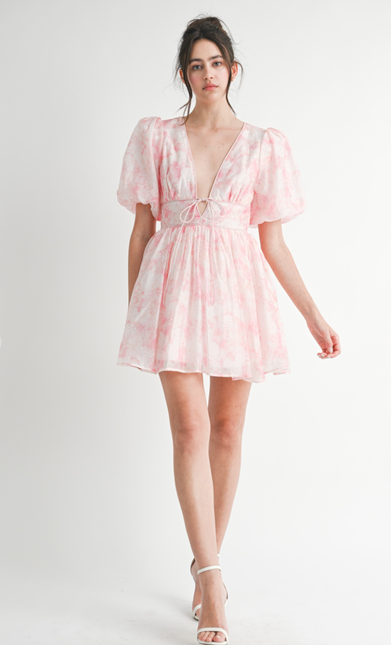 Pink Floral Puff Sleeve Dress