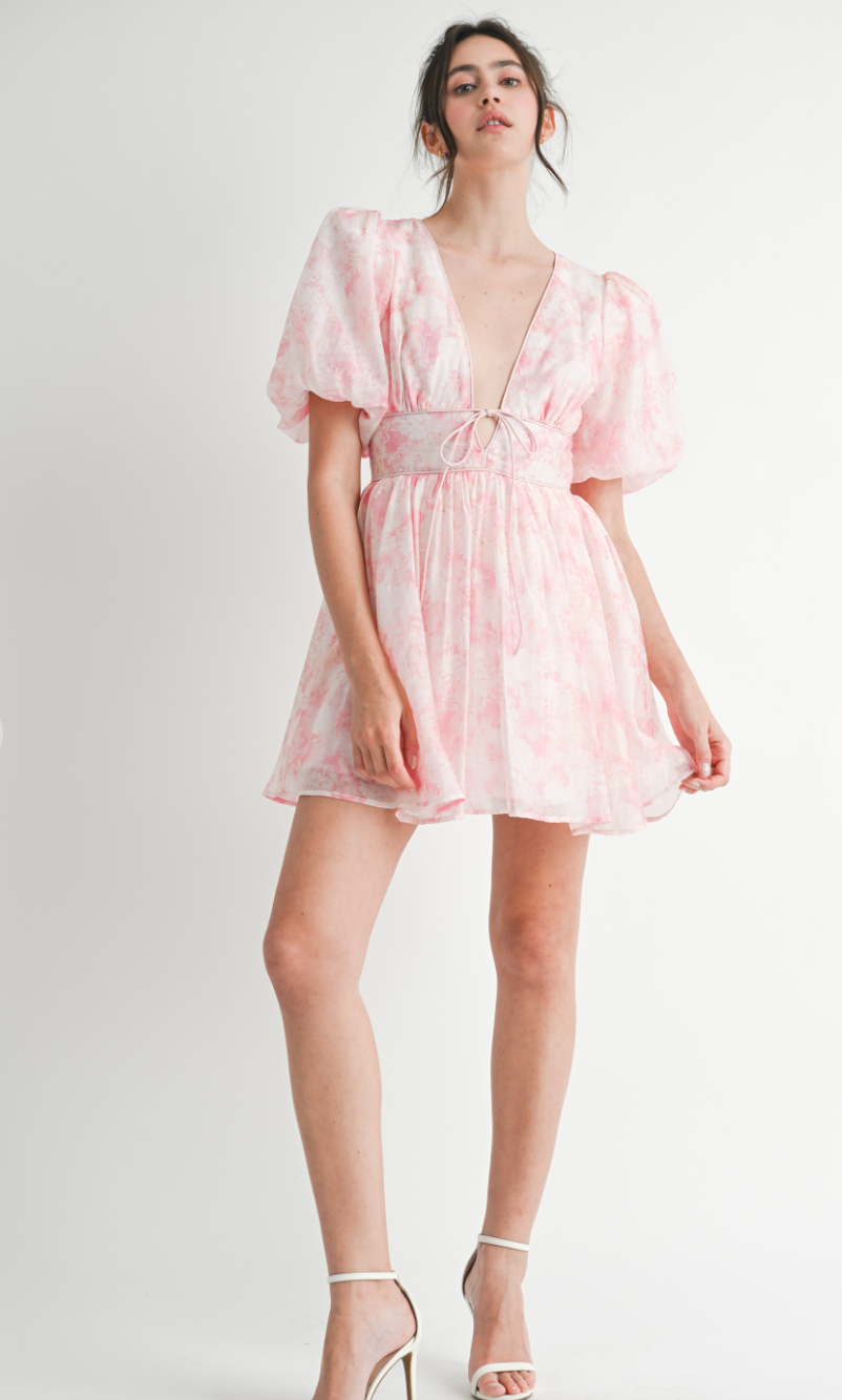 Pink Floral Puff Sleeve Dress