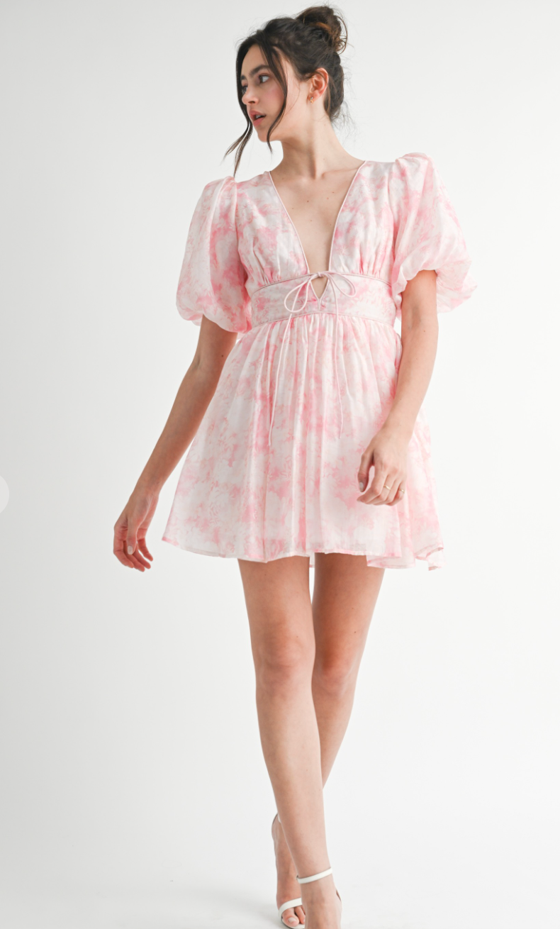 Pink Floral Puff Sleeve Dress