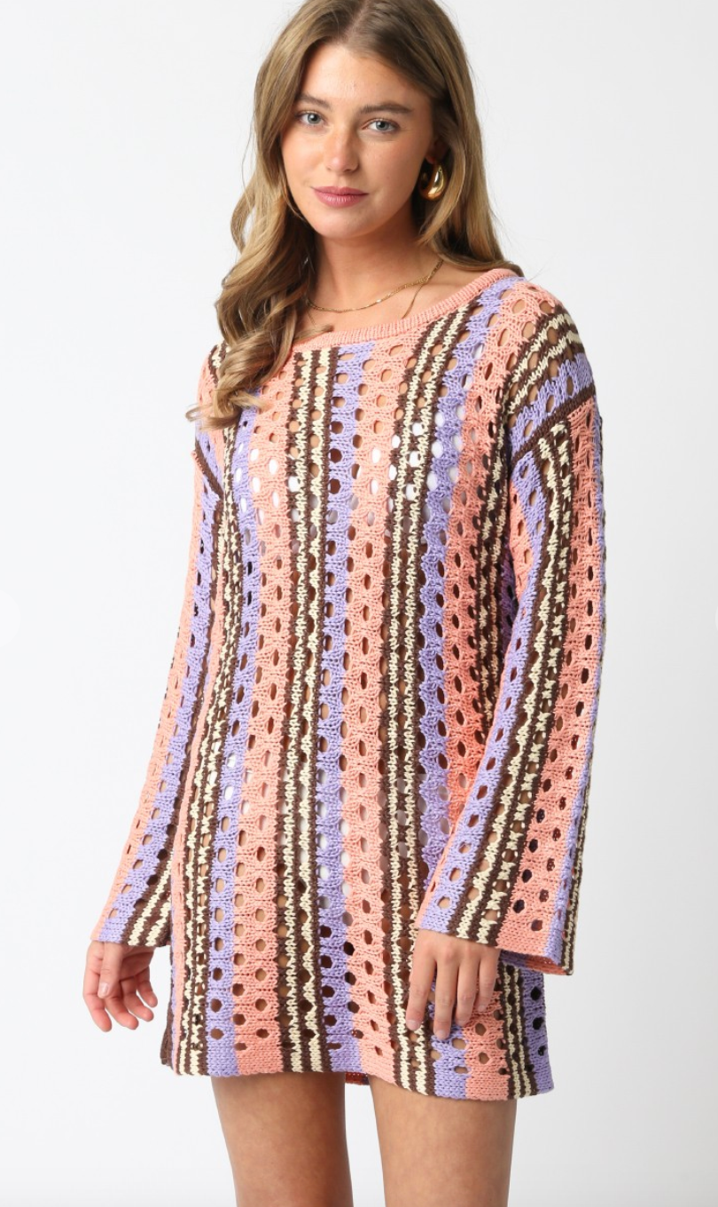 Coral, Purple, Brown Crochet Dress