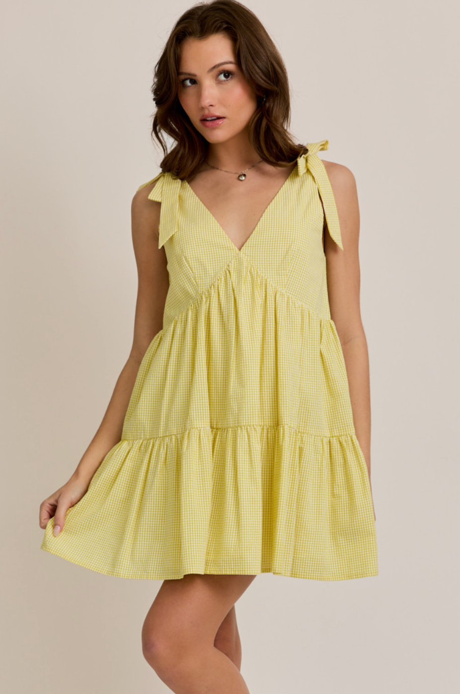 Gingham Tied Shoulder Dress Yellow