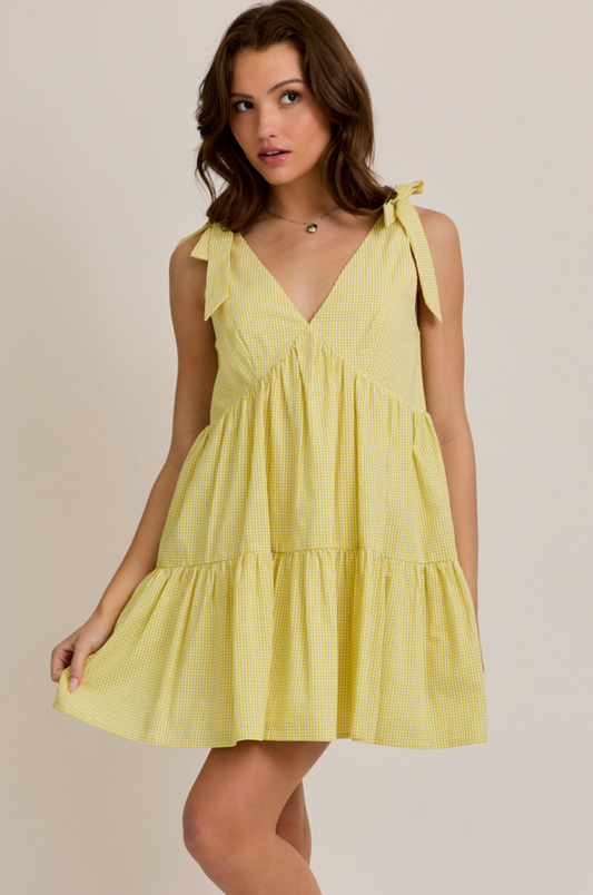 Gingham Tied Shoulder Dress Yellow