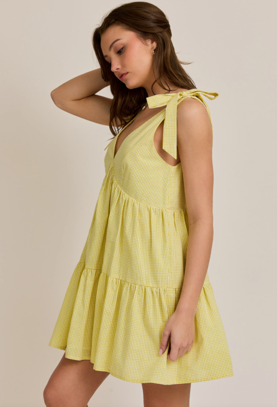 Gingham Tied Shoulder Dress Yellow