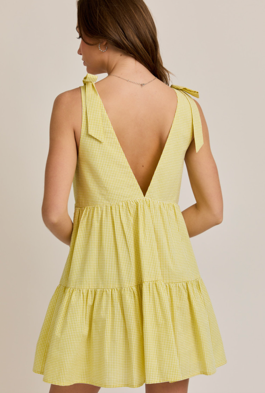 Gingham Tied Shoulder Dress Yellow