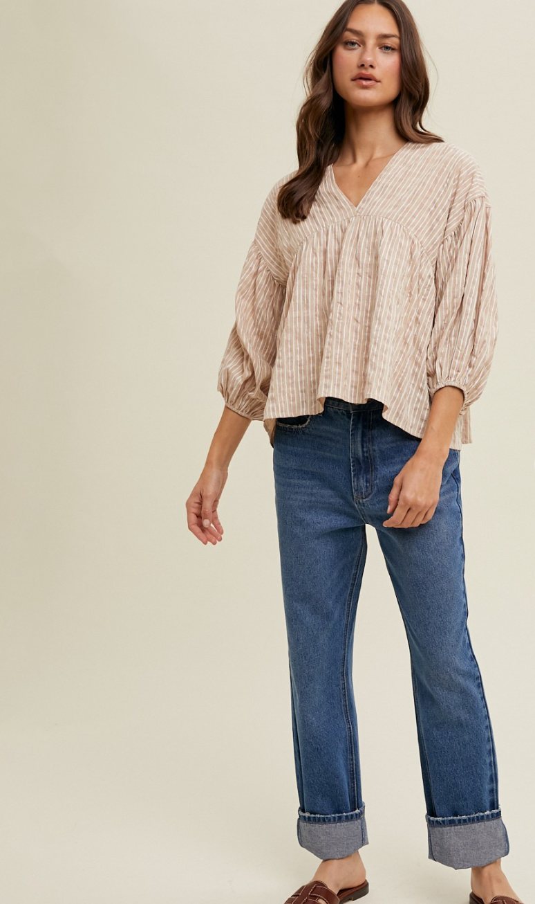 Striped Balloon Sleeve Top
