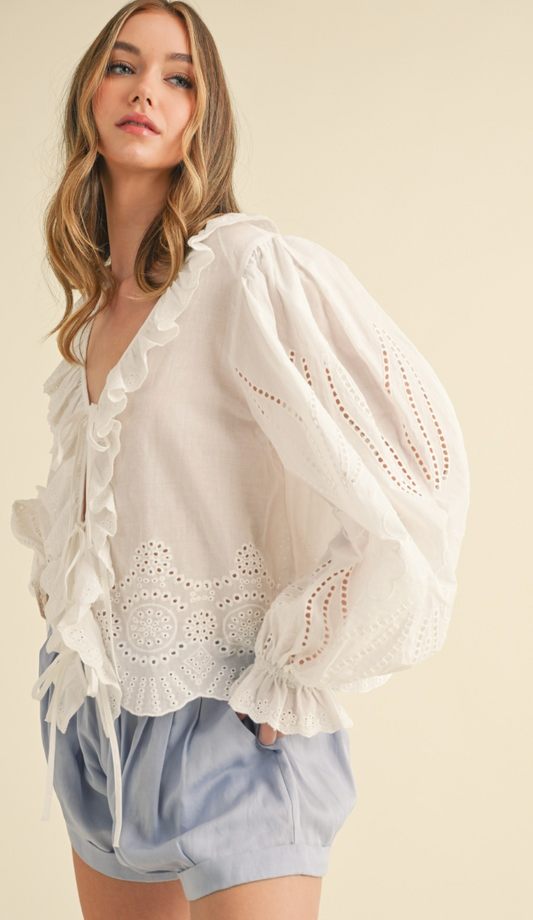 Tie Front Embroidered Ruffle Blouse