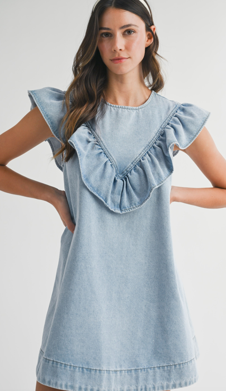Ruffle Detail Denim Dress