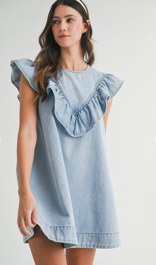 Ruffle Detail Denim Dress
