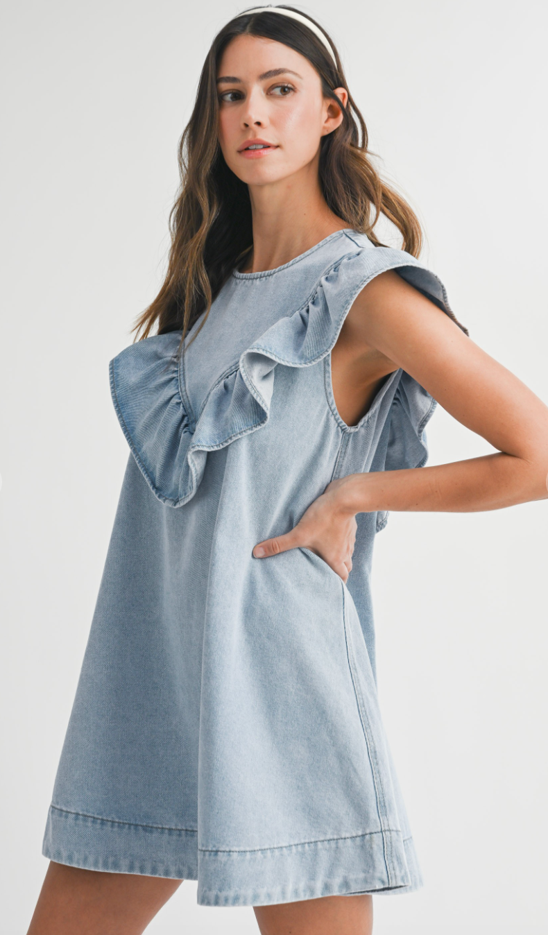 Ruffle Detail Denim Dress