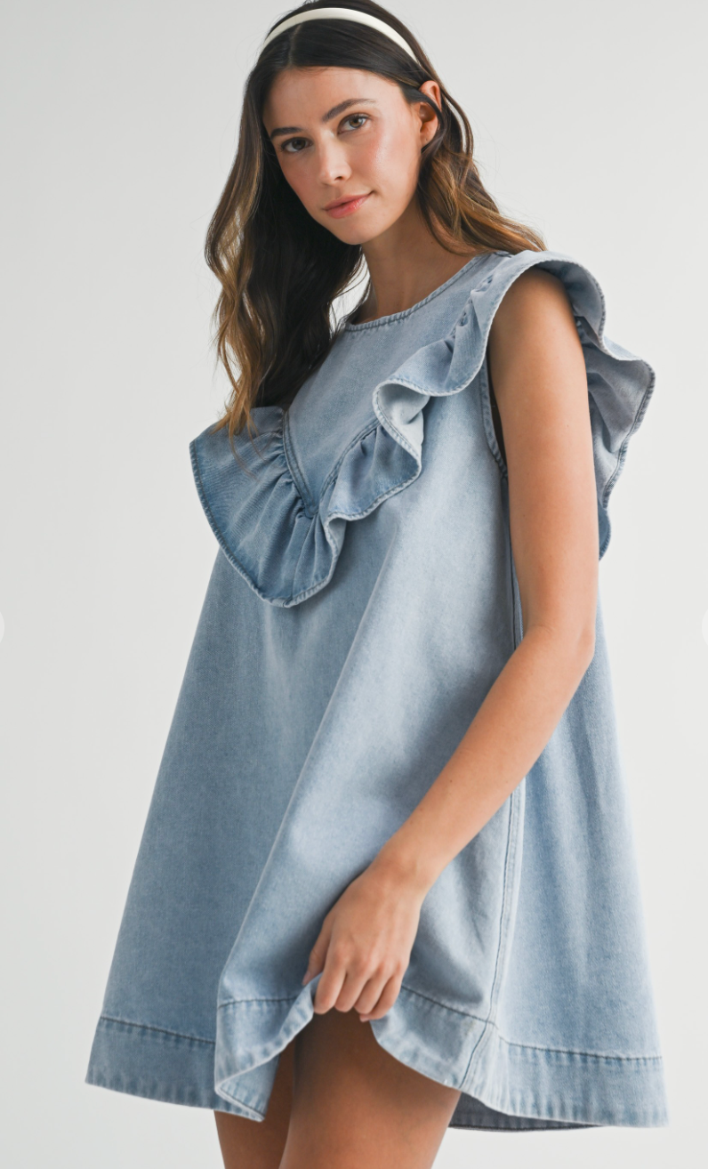Ruffle Detail Denim Dress