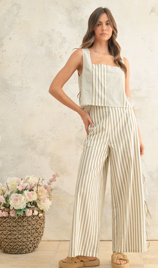Olive Linen Stripe Top & Pants Set of 2
