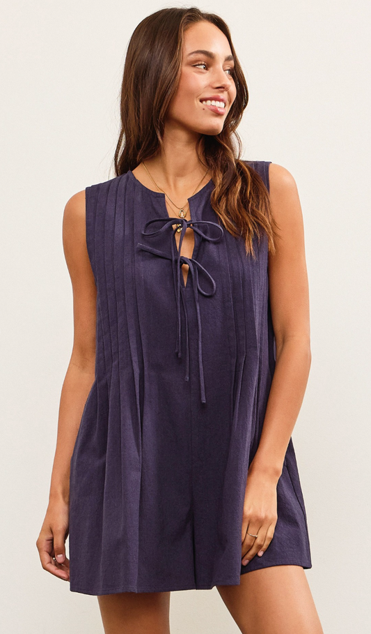 Pleated Tie Up Romper Navy