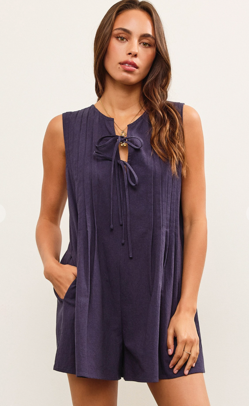 Pleated Tie Up Romper Navy