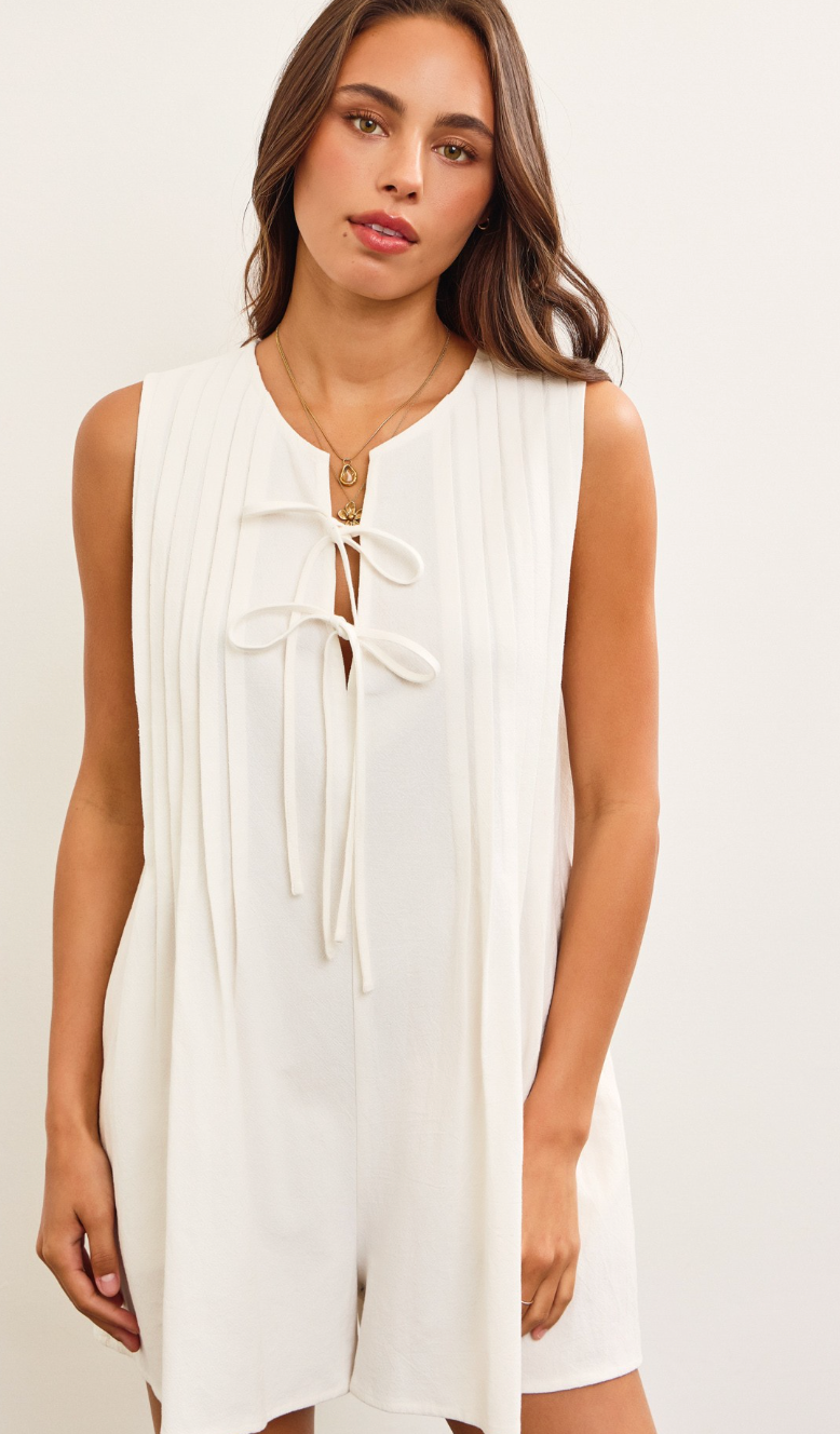 Pleated Tie Up Romper White