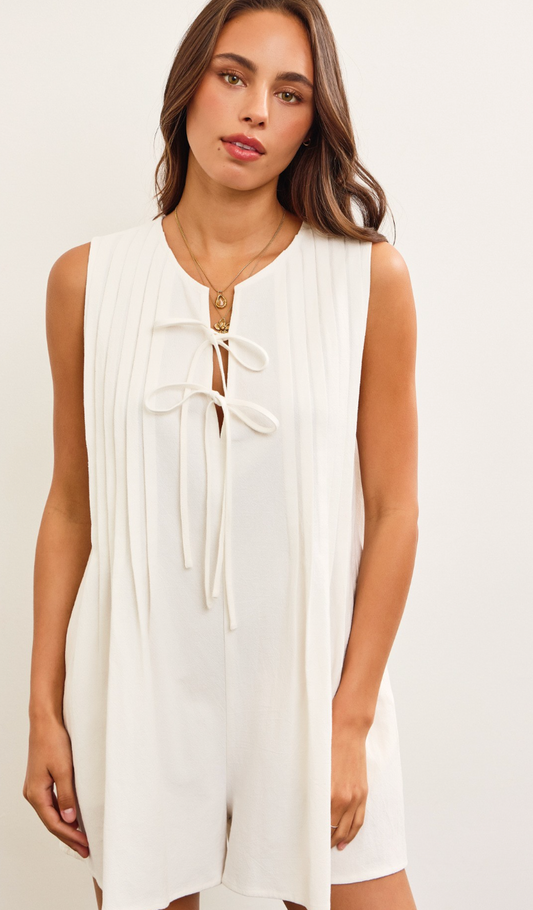 Pleated Tie Up Romper White