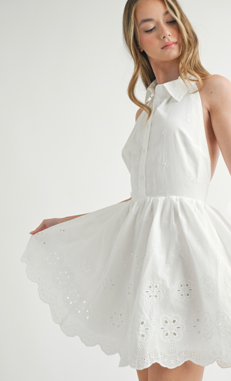 White Eyelet Halter Dress