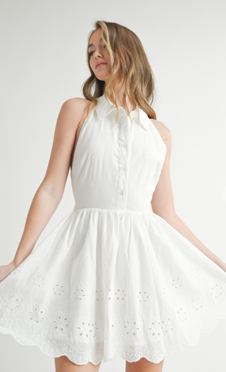 White Eyelet Halter Dress