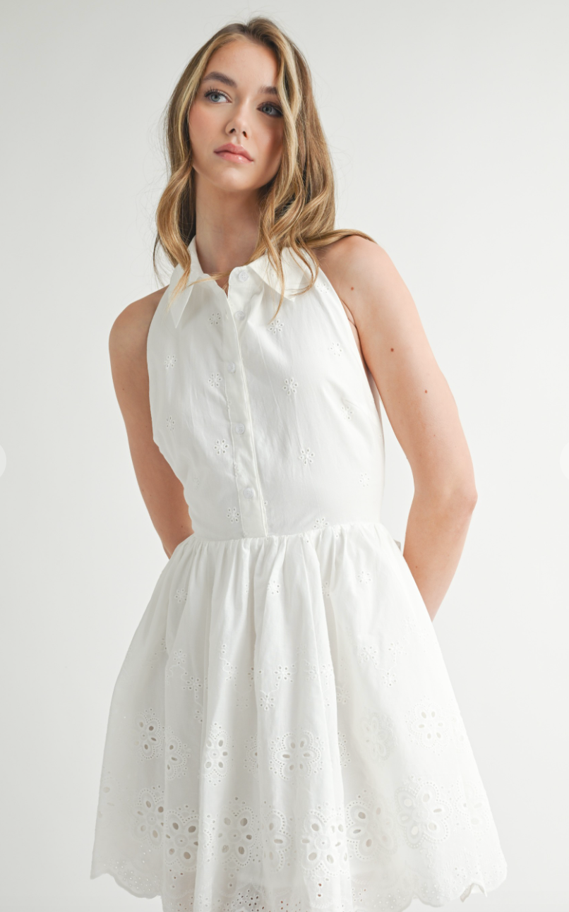 White Eyelet Halter Dress