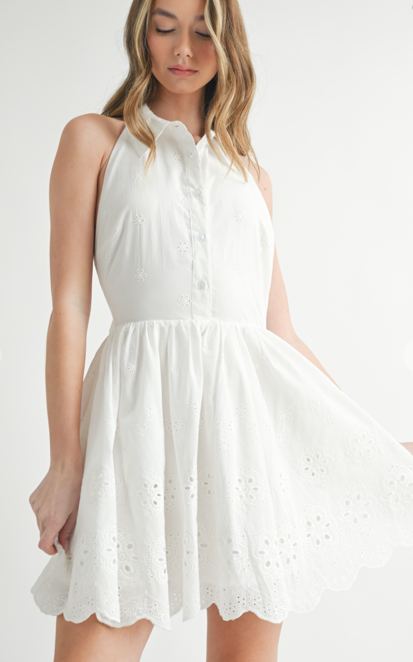 White Eyelet Halter Dress