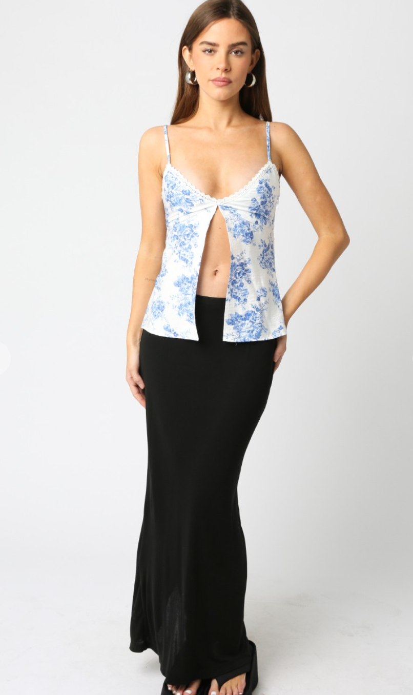Evelyn Blue Floral Split Top