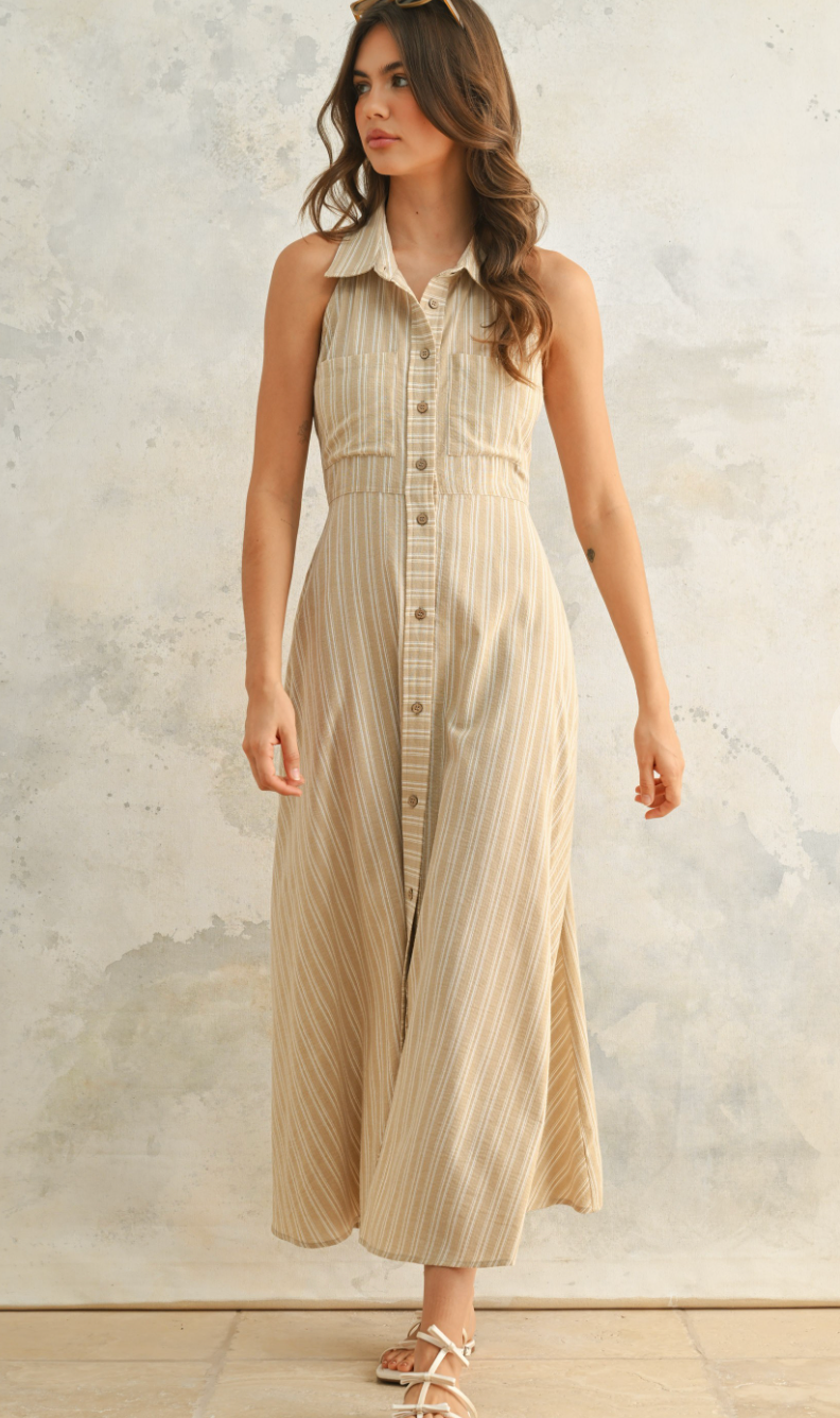 Taupe Striped Shirt Midi Dress