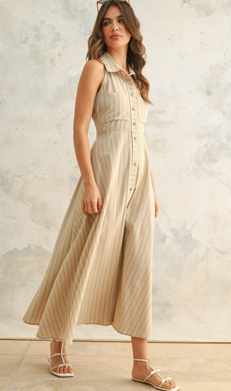 Taupe Striped Shirt Midi Dress