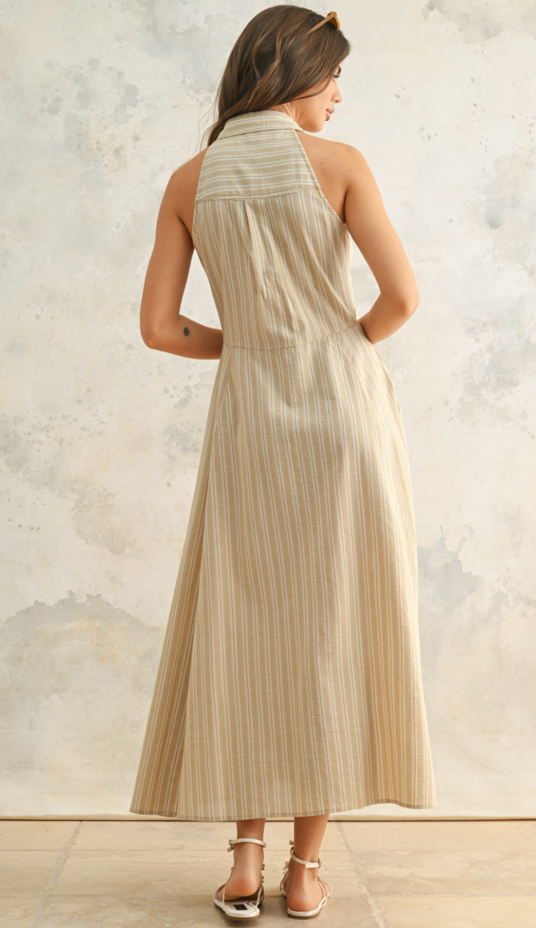 Taupe Striped Shirt Midi Dress